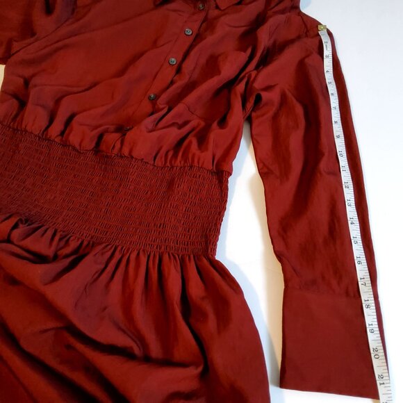 Future Collective Womens Red Long Sleeve Button-Up Smocked Waist Midi Dress M - Picture 6 of 10